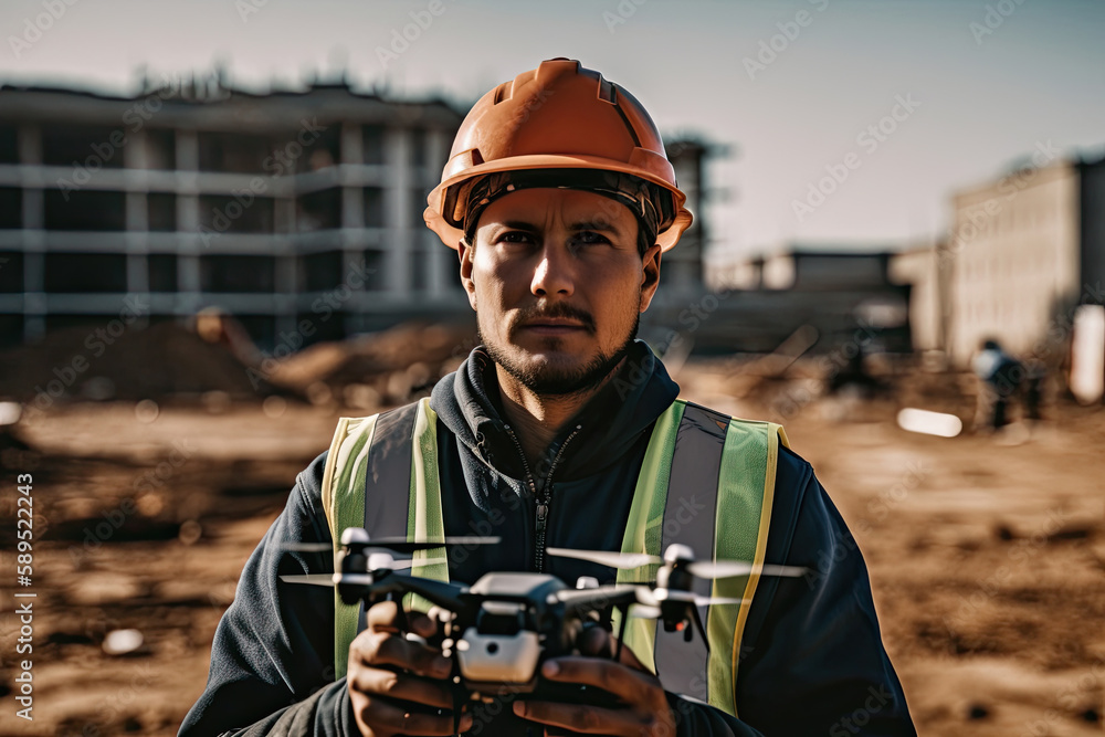 Poster portrait of a man in a helmet with a drone on a construction site. generative ai