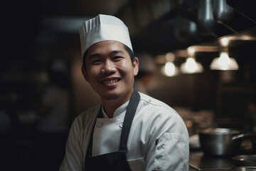 Portrait of a male asian chef stood in a professional kitchen. Generative ai