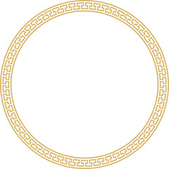 Vector gold round monochrome frame, border, classic greek meander ornament. Patterned circle, ring of Ancient Greece and the Roman Empire..