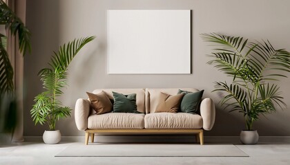 Mockup of a poster on the wall in a minimalist living room with a beige sofa palm leaf, generative AI