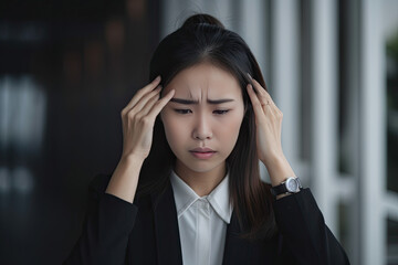Asian businesswoman suffering from headache, migraine, stress and depression. Generative AI