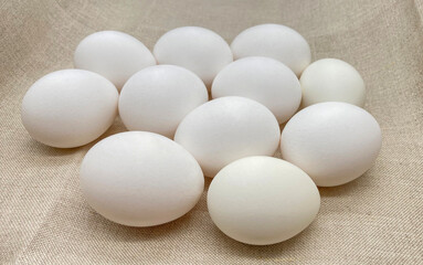 Farm eggs on linen cloth. Farm products. Natural eggs