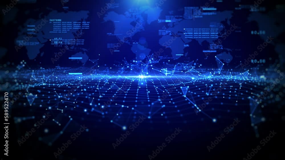 Poster global network technology blockchain connections background concept, blue abstract background digita