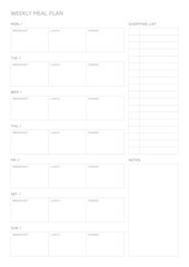 A weekly meal plan design template in a modern, simple, and minimalist style. Note, scheduler, diary, calendar, planner document template illustration.