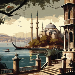 Istanbul Turkiye Landscape vector illustration. Abstract cityscape with the main attractions at sunset