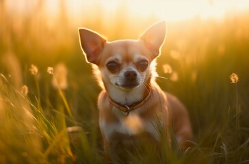 Chihuahua puppy is sitting on the grass outdoor. Generative AI.