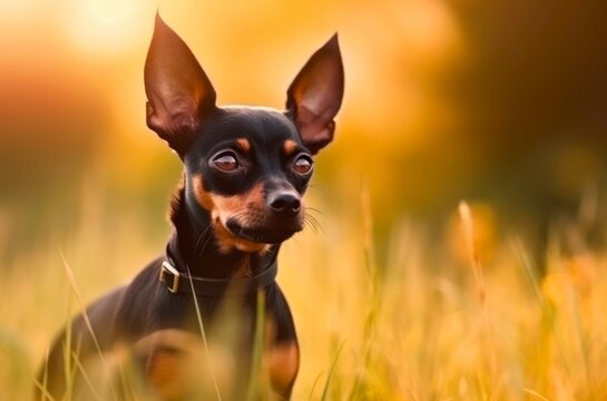 English toy terrier is walking in the park. Generative AI.
