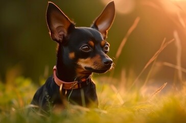 English toy terrier is sitting in the grass outdoor. Generative AI.