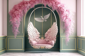 floral and winged swing decor, copy space