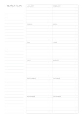 A year goal plan template with a simple and minimal style. Note, scheduler, diary, calendar planner document template illustration.