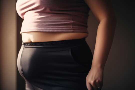 Weight, obese, overweight. Close-up belly of a fat woman in pants, side view. Generative AI
