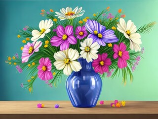 A Colorful and Detailed Digital Painting of Flowers in a Vase. Generative AI.