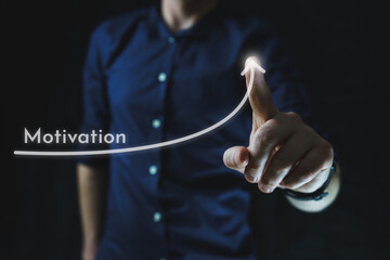 Man points with finger at growing motivation arrow. The concept of motivation