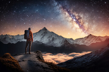 Fototapeta na wymiar Traveler watching starry sky and sunrise in mountains, generative ai