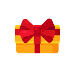Yellow Gift Box with Red Ribbon and Bow Isolated Sign Flat Style Vector Illustration Symbol on White Background