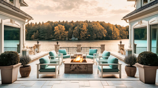 A beautiful image of a lakeside mansion's stylish outdoor patio, offering comfort and relaxation with a serene lakeside view