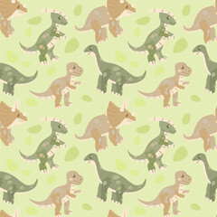 Dinosaur seamless pattern with tyrannosaurus rex, brachiosaurus, triceratops, and parasaurolophus cartoons.