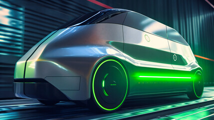 A futuristic electric cargo transport vehicle, showcasing its sleek design and eco-friendly technology