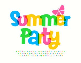 Vector bright poster Summer Party. Funny watercolor Font. Playful style Alphabet Letters, Numbers and Symbols