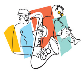 Jazz theme, trumpet player and saxophonist. 
Expressive Illustration of two jazz musicians, continuous line drawing design. Isolated on white background. Vector available.