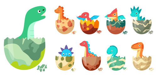 Plakat Cute dinosaurs hatching from eggs. Vector cartoon flat illustration, isolated on white background