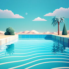 Fototapeta na wymiar Swimming pool in hotel or resort outdoors, empty poolside with blue water, palm trees, green plant fencing and tiled floor on mountain and desert landscape background. Exotic island generative ai