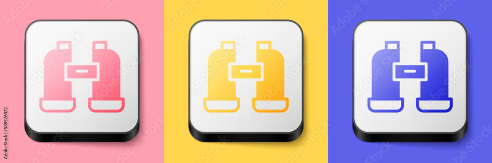 Sticker Isometric Binoculars icon isolated on pink, yellow and blue background. Find software sign. Spy equipment symbol. Square button. Vector