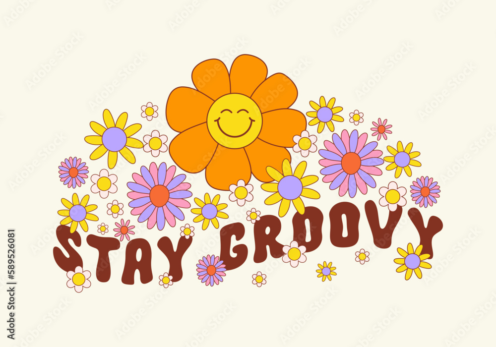 Poster stay groovy retro hippie design illustration, positive message phrase isolated on a beige background