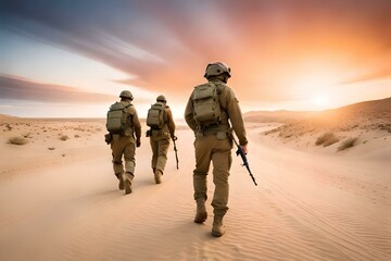 Soldier walking in the desert patrolling together