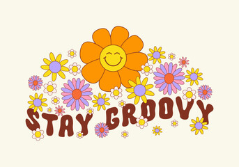 Stay groovy retro hippie design illustration, positive message phrase isolated on a beige background. Horizontal background. Trendy groovy vector print in style 70s, 80s - obrazy, fototapety, plakaty