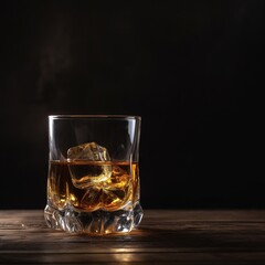 whisky in glass with ice cubes on wooden table, Advertising photography