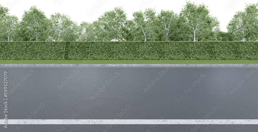 Fototapete realistic road side with hedge and tree. 3d rendering of isolated objects.