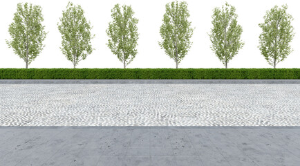 Realistic road side with hedge and tree. 3d rendering of isolated objects.