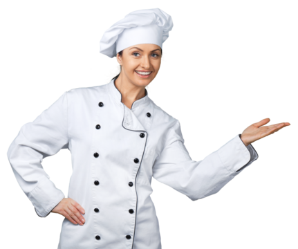 Portrait of young woman chef on white background