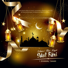 Happy Eid al-Fitr. with the silhouette of a mosque and a background of lanterns