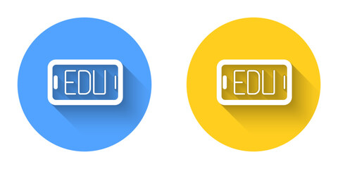 White Online education and graduation icon isolated with long shadow background. Online teacher on monitor. Webinar and video seminar learning. Circle button. Vector