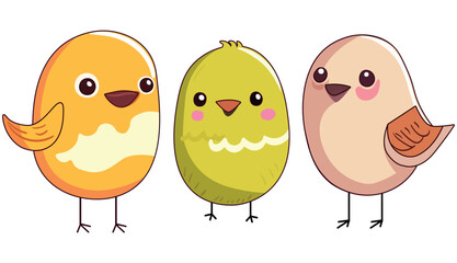 Three bright cartoon birds stand next to each other on a white background, each of them looks isolated. Cute birds have a rich color and clear contours.