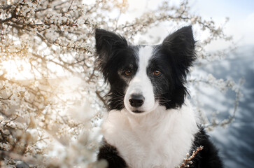 border collie dog spring portrait of a pet in flowers on a walk