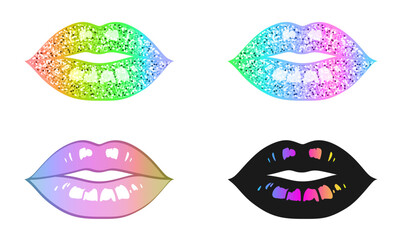 Set of woman lips isolated on a white background. Rainbow, with glitter texture, black with rainbow highlights. Vector decorative female lips for cover, website, sign, label, emblem, print for t-shirt