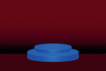 3d product display podium. Blue cylinder pedestal on dark red background. Empty showcase vector illustration.
