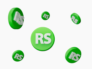 3d Six White Pakistani Rupee Rs Symbols With Rounded Green Icons Flying In The Air, 3d illustration