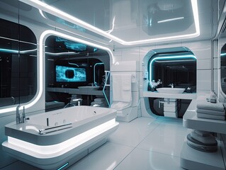 Futuristic space ship bathroom interior design with ceiling lights, clean generative ai bathroom with big mirrors
