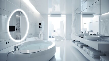Fototapeta na wymiar Futuristic white bathroom interior design, generative ai room design with big mirror