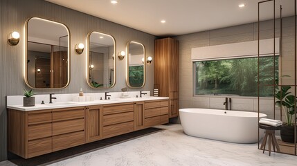 Mid-century modern bathroom interior design with a white bath and three mirrors, generative ai room design with modern accents