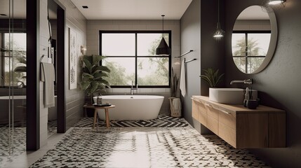 Minimalistic white and grey bathroom interior design with a white bath, generative ai room design with modern and calm accents