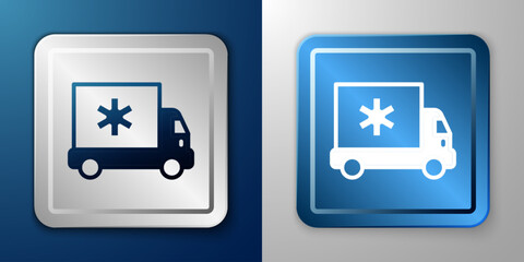 White Ambulance and emergency car icon isolated on blue and grey background. Ambulance vehicle medical evacuation. Silver and blue square button. Vector