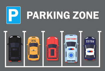 Parking sign P on the lawn. Free parking here poster in flat style. 