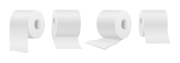 Realistic toilet paper. kitchen paper towel cylinder, white isolated scroll , hygiene spool sheet, office print paper roll. Vector set