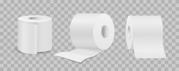 Realistic toilet paper. kitchen paper towel cylinder, white isolated scroll , hygiene spool sheet, office print paper roll. Vector set
