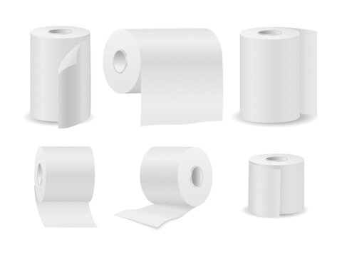Realistic toilet paper. kitchen paper towel cylinder, white isolated scroll , hygiene spool sheet, office print paper roll. Vector set